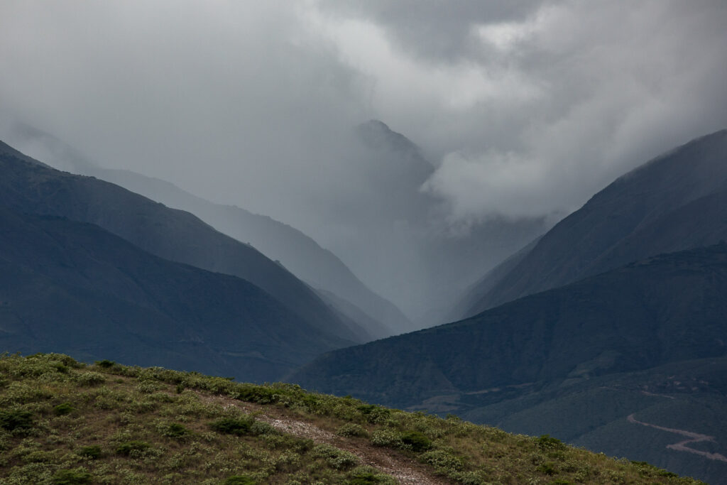 Foggy mountain landscape with lush greenery